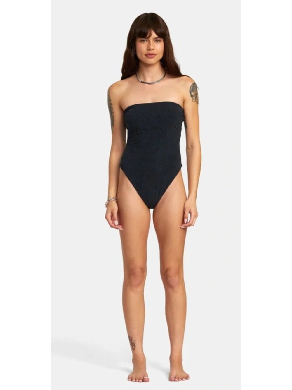 RVCA women's one piece swimsuit size S black texture palm print strapless beach - Picture 2 of 13